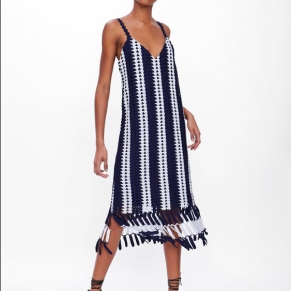 NWT—Zara Blue & white crocheted deep V-neck dress